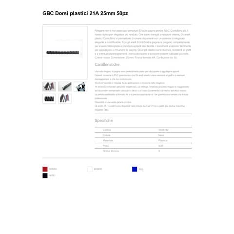 Dorsi plastici a 21 anelli GBC CombBind 25 mm A4 nero - fino a 225 fogli conf da 50 dorsi - 4028182